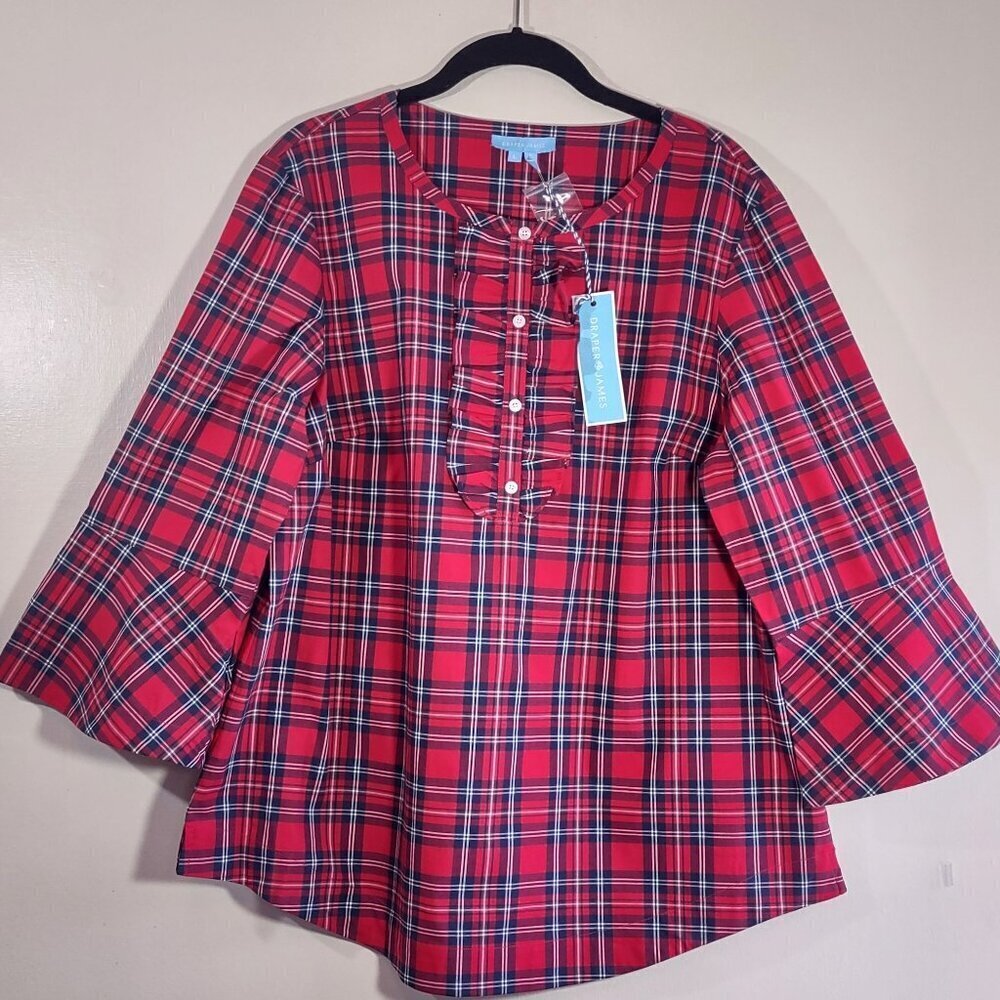 Draper James Red Plaid Blouse Size Large Peasant Bell Sleeve Elevated Casual